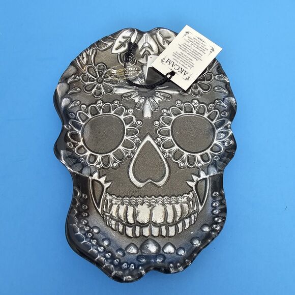 AKCAM Sugar Skull Black Silver 8”x6” Serving Dish Platter Goth Halloween Gothic - Picture 10 of 10